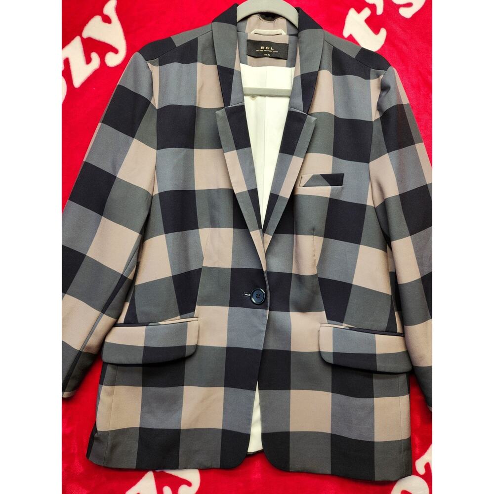 BGL Womens XL Plaid Blazer Jacket Gray Black Beige Single Button Career...